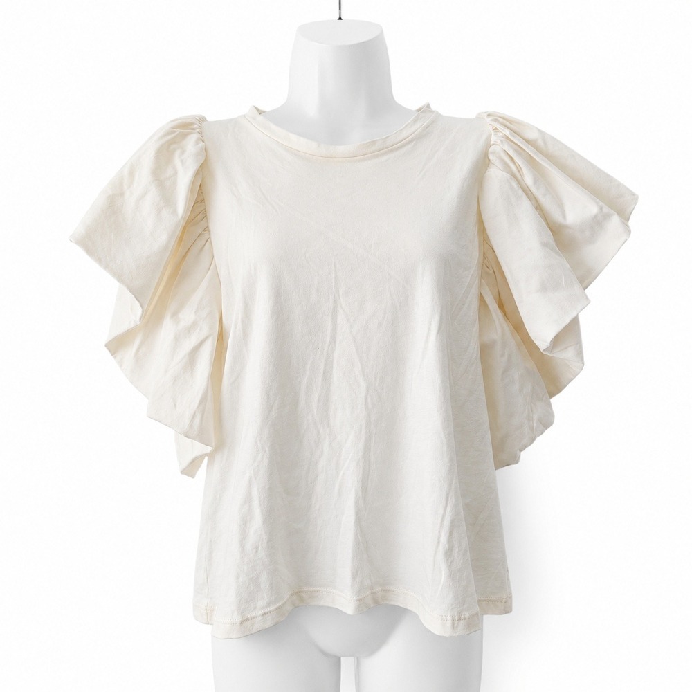 Eugenia Fernandez Ruffle Puff Sleeve Top Women L Cream Cotton Cottage Minimalist